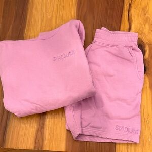 Stadium goods brand pink hoodie and shorts set -